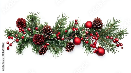 Snowberries and Green Christmas Tree Twigs with Red Decorations and Cones in Festive Garland on White Background