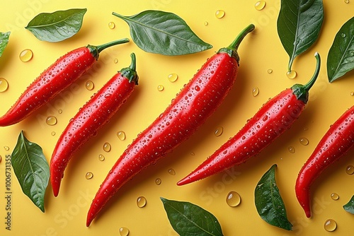 Fresh red chili peppers with water droplets and green leaves arranged on a vibrant yellow background create a striking natural composition ideal for culinary or agricultural themes photo