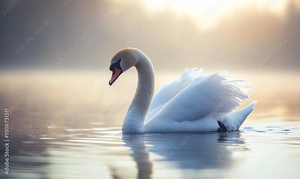 Obraz premium A graceful white swan swims in a serene lake, bathed in the soft glow of the morning sun.