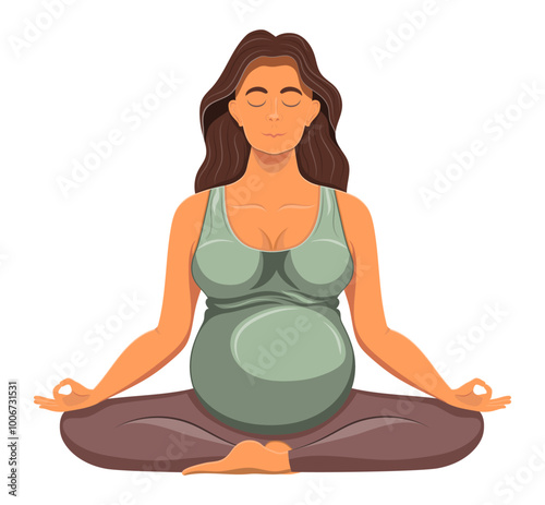 pregnant young woman sitting in yoga pose and meditating cartoon vector illustration isolated on white background