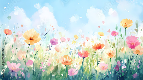 Fototapeta Naklejka Na Ścianę i Meble -  Watercolor painting depicting a colorful field of wildflowers in bloom on a sunny day. Wildflower Field. Illustration