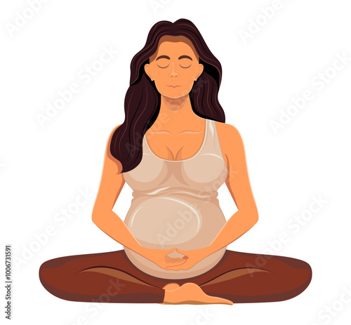 pregnant young woman sitting in yoga pose and meditating cartoon vector illustration isolated on white background