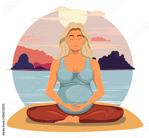 pregnant young woman sitting in yoga pose and meditating cartoon vector illustration isolated on white background