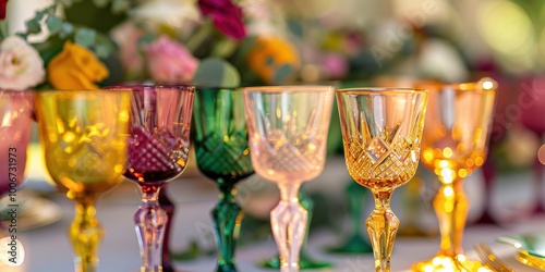  elegant wine goblets in pink, yellow, and emerald tones, beautifully set up for a wedding  photo