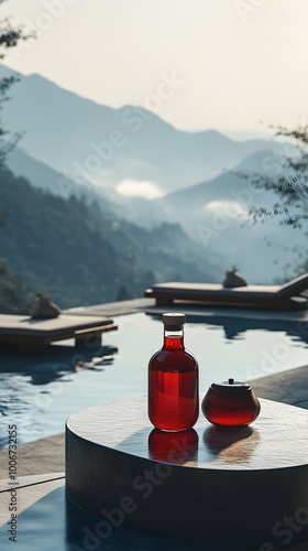 Luxury Red Juice Bottle by Pool with Mountain View.