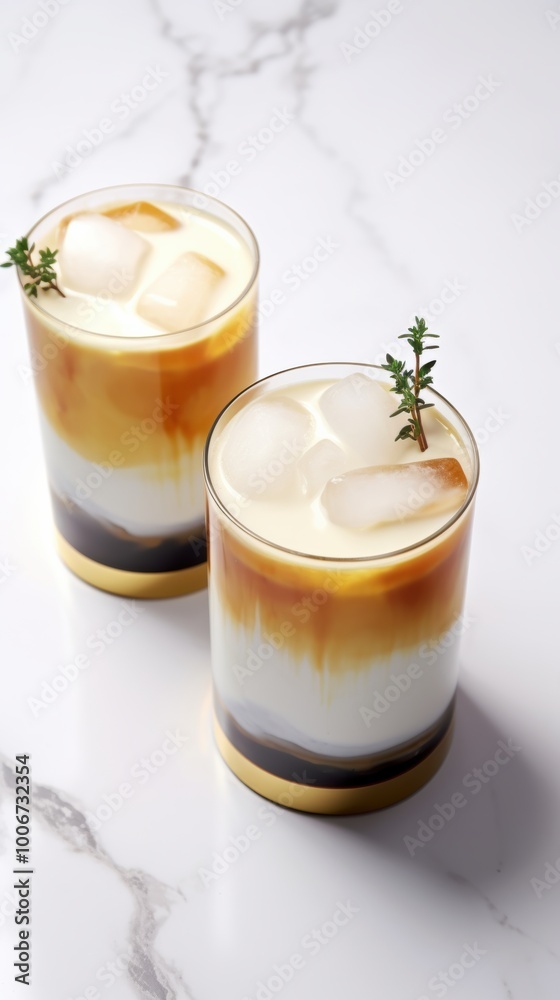 Refreshing layered beverage with icy texture served in elegant glassware on a marble surface during a bright afternoon gathering Refreshing layered beverage with icy texture served in elegant glassware on a marble surface during a bright afternoon gathering