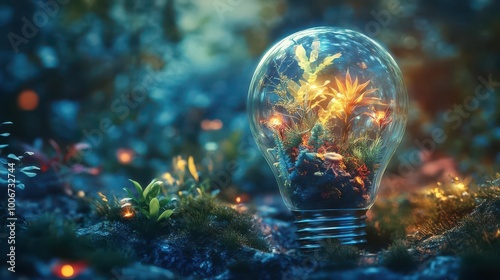 surreal digital art depicting a glowing light bulb filled with a miniature ecosystem. bioluminescent plants and creatures thrive within, symbolizing innovation and sustainability. photo