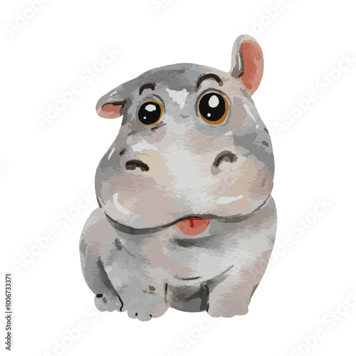 Cute baby hippopotamus watercolor isolated on white background. Nursery hippo cartoon hand drawn character vector illustration