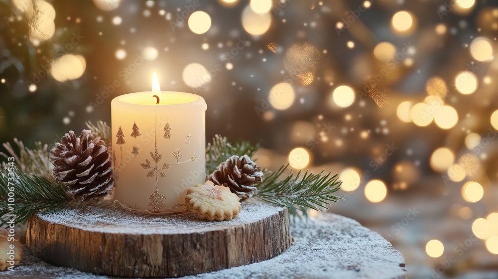 Rustic White Christmas Candle on Wooden Boards with Natural Twigs, Pine Cones, and Cookies, Perfect for First Advent Sunday Decoration and Magical Bokeh Lights Rustic White Christmas Candle on Wooden Boards with Natural Twigs, Pine Cones, and Cookies, Perfect for First Advent Sunday Decoration and Magical Bokeh Lights