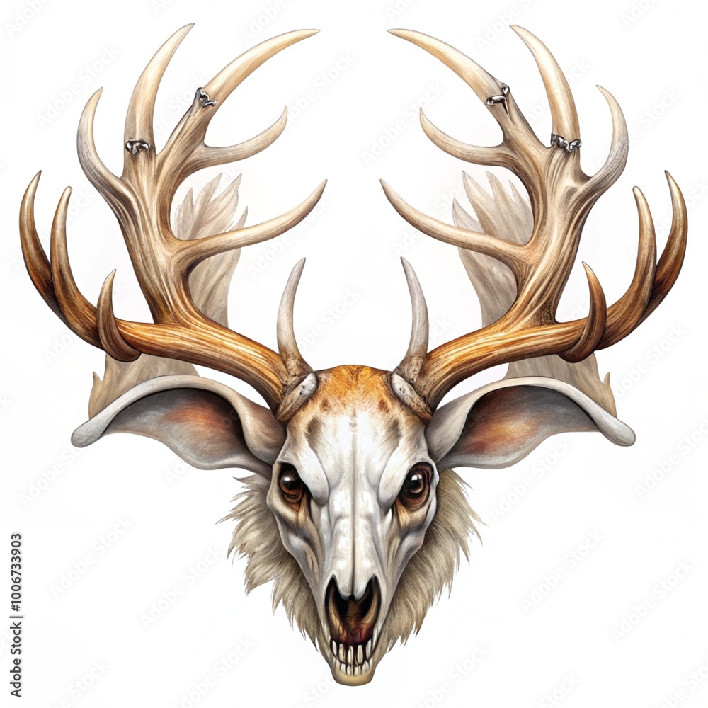 A white-tailed deer buck antlers and skull European mount on a white background.