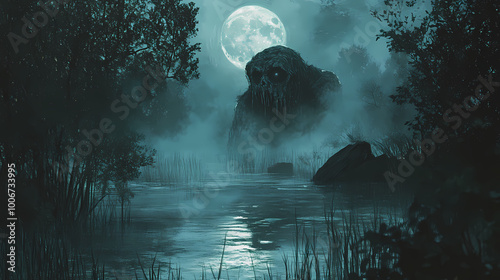 This eerie scene captures a monstrous creature emerging from the mist in a dark, foreboding swamp under the glow of a full moon, creating a sense of suspense and horror. Eerie Swamp. Illustration