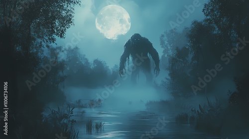 This eerie scene captures a monstrous creature emerging from the mist in a dark, foreboding swamp under the glow of a full moon, creating a sense of suspense and horror. Eerie Swamp. Illustration photo