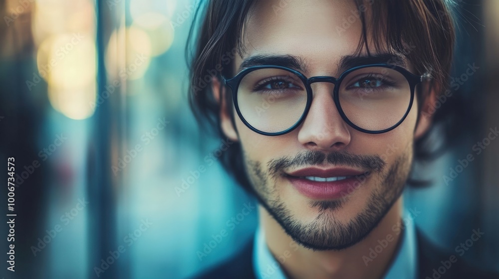 A smiling young man in glasses stands A smiling young man in glasses stands