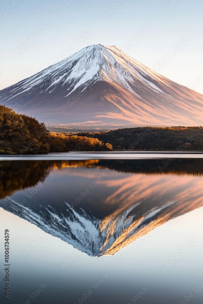 Fototapeta premium Stunning sunrise over Mount Fuji reflecting in Lake Kawaguchi, with serene surroundings and vibrant colors illuminating the sky and landscape during early morning