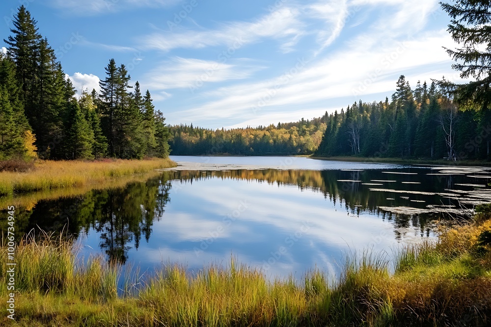 Obraz premium Tranquil Lake in Forest with Blue Sky and Clouds Reflection