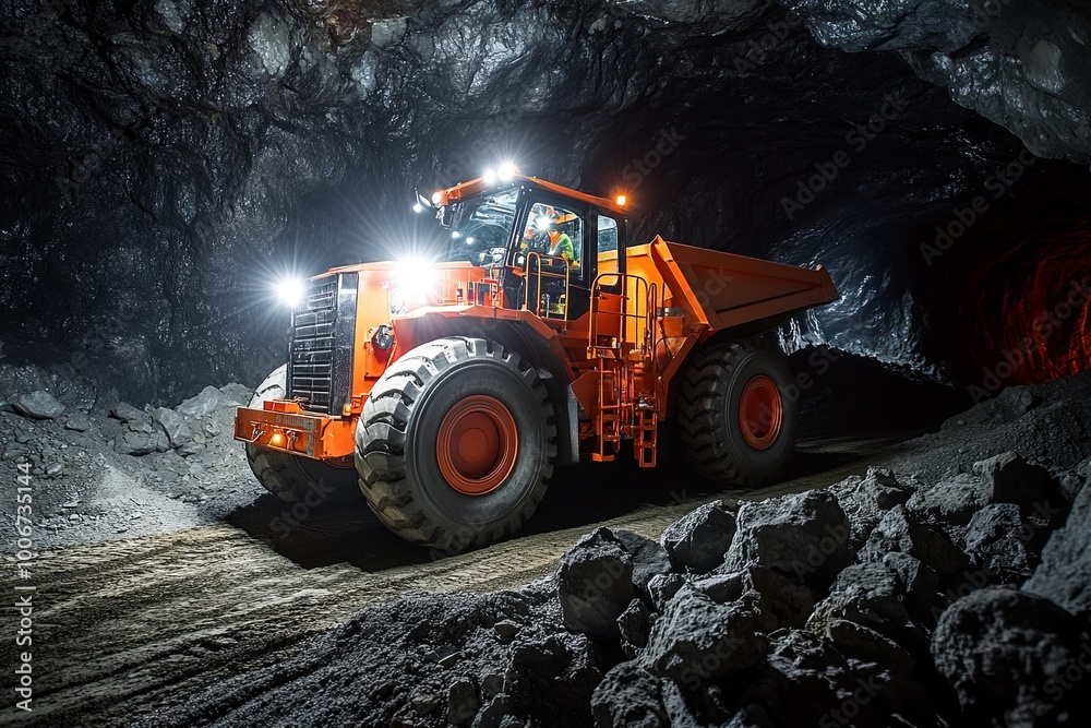 A large orange mining truck drives through a dark tunnel with piles of rocks and debris scattered around.