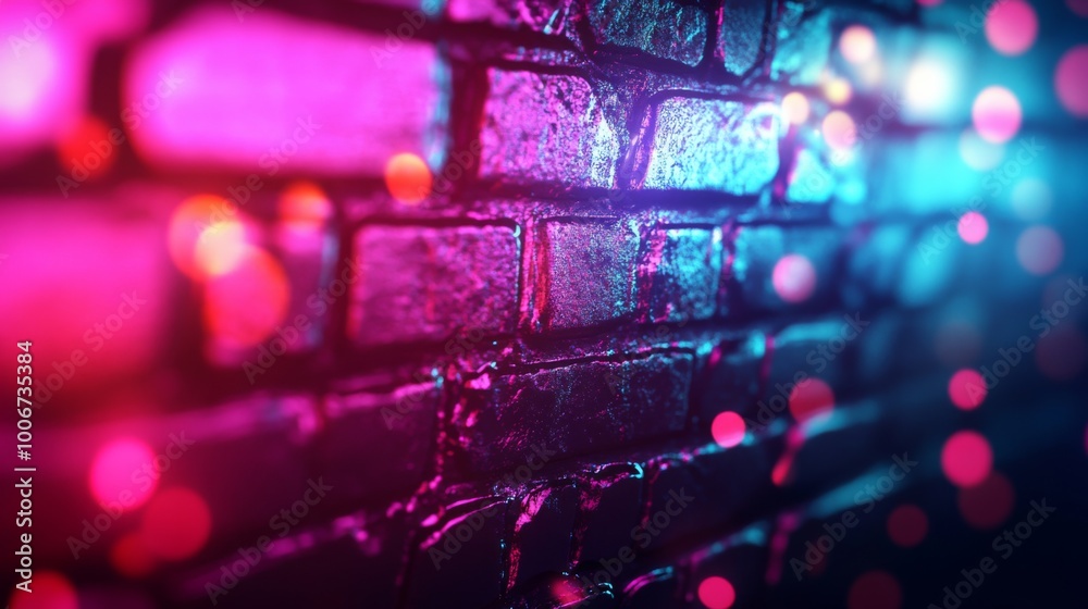 A vibrant display of neon lights reflecting off a textured brick wall in an urban setting, creating an immersive nightlife atmosphere that captures the essence of modern city life A vibrant display of neon lights reflecting off a textured brick wall in an urban setting, creating an immersive nightlife atmosphere that captures the essence of modern city life