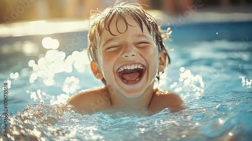 a young boy playing in a large pool. He is laughing and has moviment in picture. Sunny day.  photo