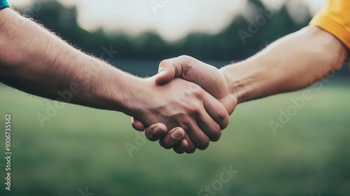 Team captains shaking hands before the start of a soccer tournament game, soccer, tournament, sportsmanship