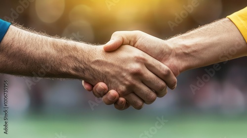 Teams shaking hands before the start of a soccer tournament final, sportsmanship and respect, soccer, tournament, tradition photo