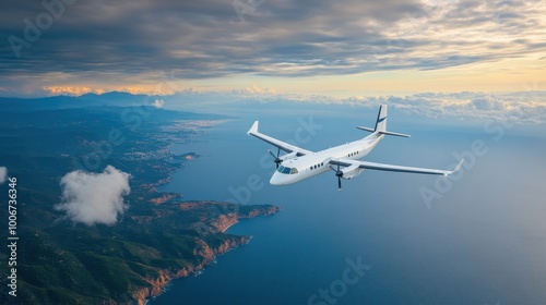 Eco-friendly hydrogen-powered airplane cruising over a coastline, showing natural harmony with aviation