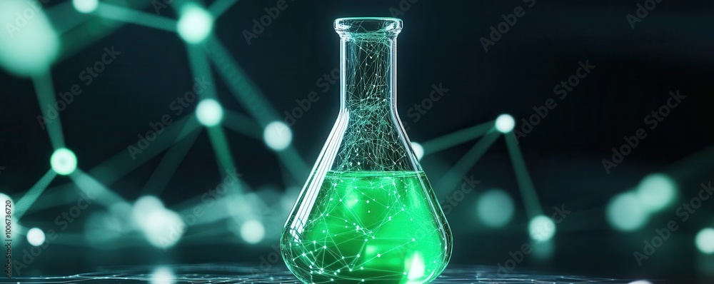 Green liquid in a glass flask, science experiment. Green liquid in a glass flask, science experiment.