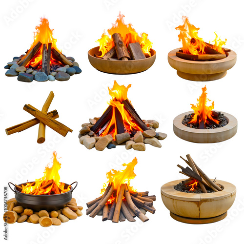 Campfire Collection: Nine variations of cozy campfires in different fire pits and settings. Perfect for outdoor, camping, and nature themes.  photo