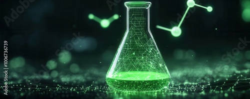 A green liquid in a glass beaker with glowing molecules in the background.