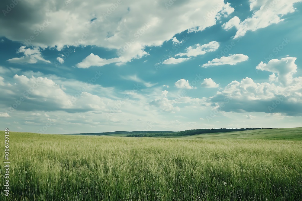 Vast green field under blue sky with white clouds, picturesque landscape image Vast green field under blue sky with white clouds, picturesque landscape image