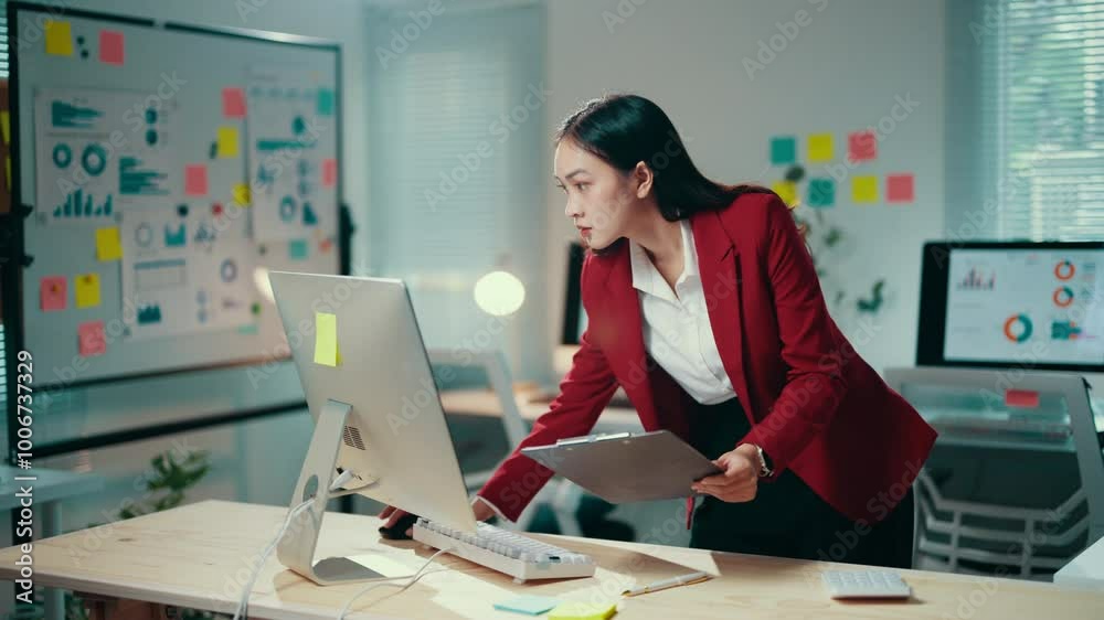 Young businesswoman is standing at her desk, using a computer and holding a clipboard. She is analyzing data and working on a project Young businesswoman is standing at her desk, using a computer and holding a clipboard. She is analyzing data and working on a project