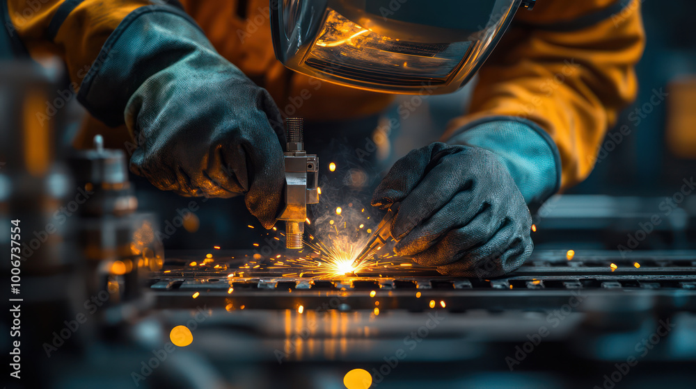 Welding hands in gloves create sparks in workshop environment. Welding hands in gloves create sparks in workshop environment.