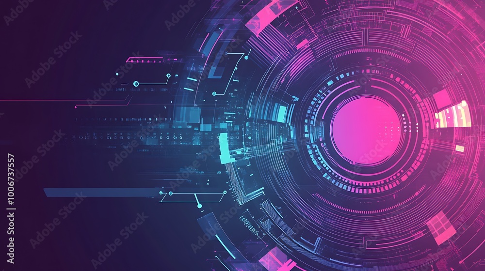 Obraz premium Abstract digital background with glowing circles and lines in pink and blue hues.