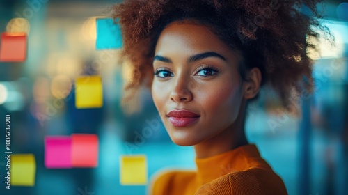 Confident african american woman in orange top with colorful sticky notes indoors