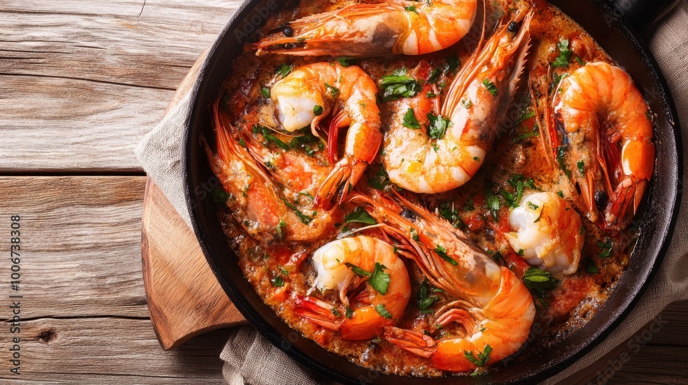 Shrimp casserole with butter sauce, cooked Turkish-style (Tereyagli Guvec Karides), served in a traditional pan. Shrimp casserole with butter sauce, cooked Turkish-style (Tereyagli Guvec Karides), served in a traditional pan.