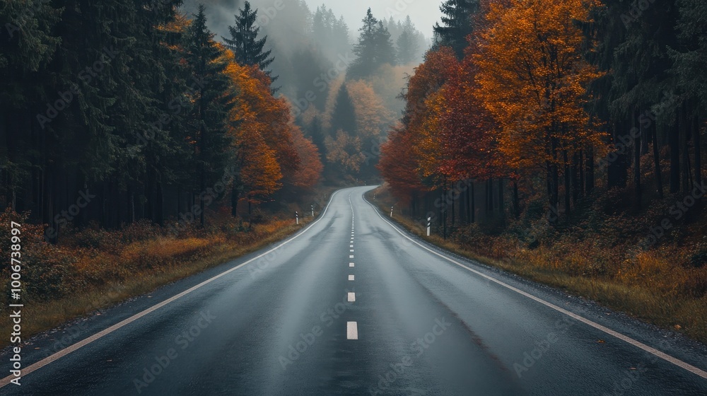 Fototapeta premium Autumn Scenic Road Through Distant Forest Landscape