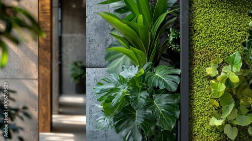 A scenic vertical garden with various plant species on a concrete wall, blending natural greenery with modern design. photo