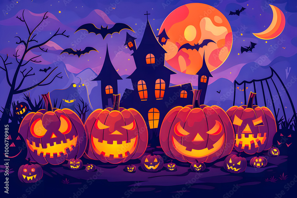 Illustration featuring Jack o' Lantern and castle silhouette at night, perfect for Halloween greetings or special Halloween sales promotions. banner sale concept Illustration featuring Jack o' Lantern and castle silhouette at night, perfect for Halloween greetings or special Halloween sales promotions. banner sale concept