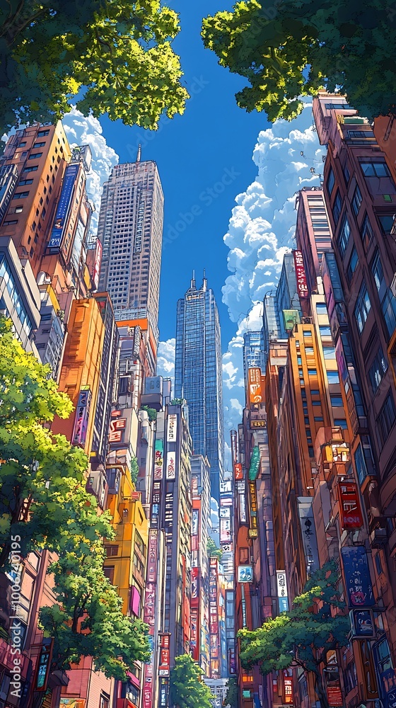 Obraz premium Vibrant city street with tall buildings, blue sky and green trees. Digital art illustration.