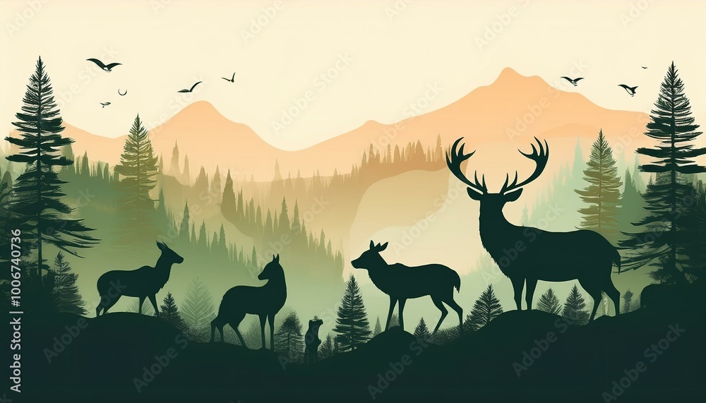 Silhouettes of deer in forest Silhouettes of deer in forest
