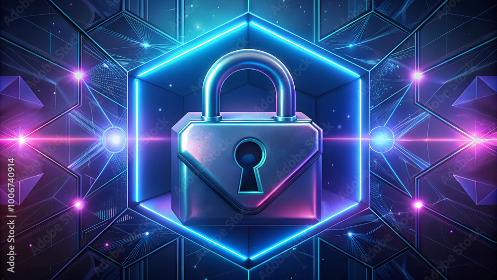 Digital lock symbol with glowing neon elements in a futuristic abstract background Digital lock symbol with glowing neon elements in a futuristic abstract background