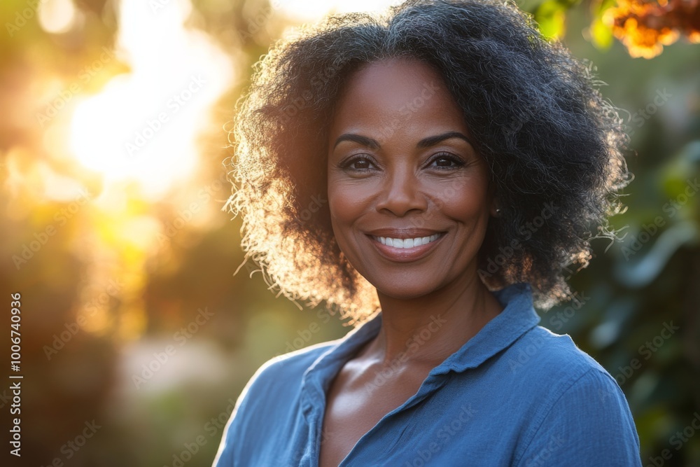 portrait of middle aged black woman smiling in blue shirt outdoors garden with sun shining through trees 