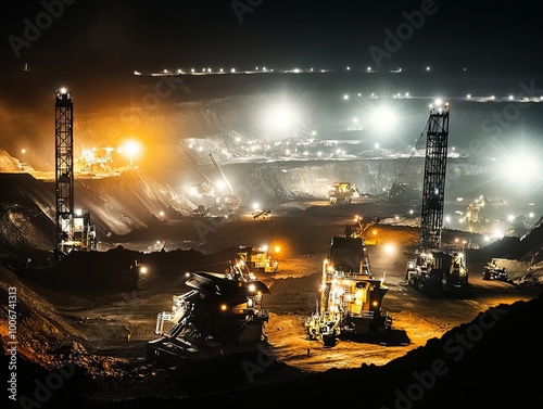 A night view of a large open pit mine with multiple drilling rigs, trucks, and other machinery working.