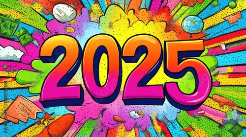 Abstract Comic Style Background Featuring "2025" in Vibrant Colors