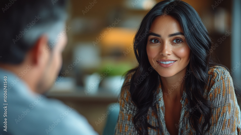 beautiful 36 year old woman with black hair in a therapy session with a chubby average looking man. beautiful 36 year old woman with black hair in a therapy session with a chubby average looking man.