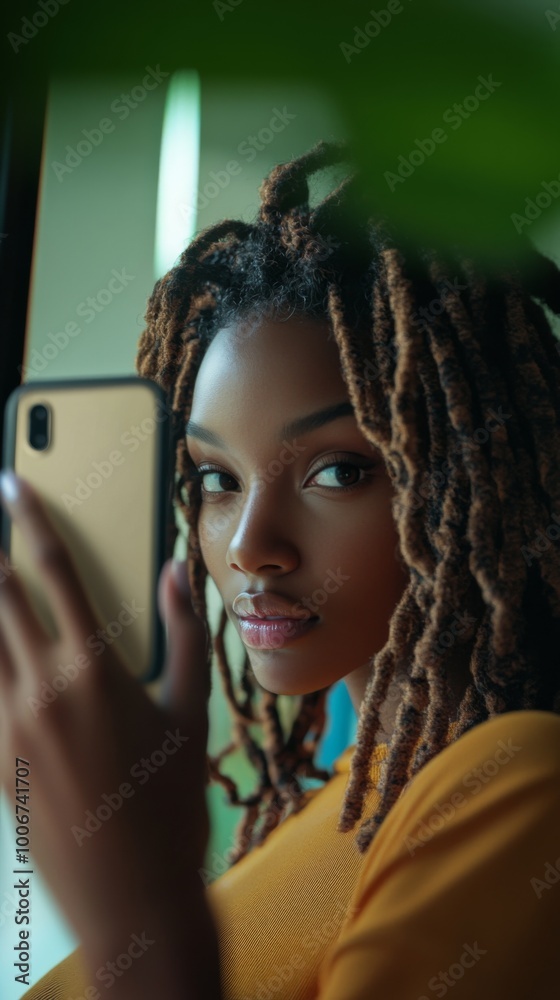 Fototapeta premium A young person with stylish dreadlocks poses for a captivating portrait, holding a smartphone in a cozy, well-lit indoor setting during the afternoon