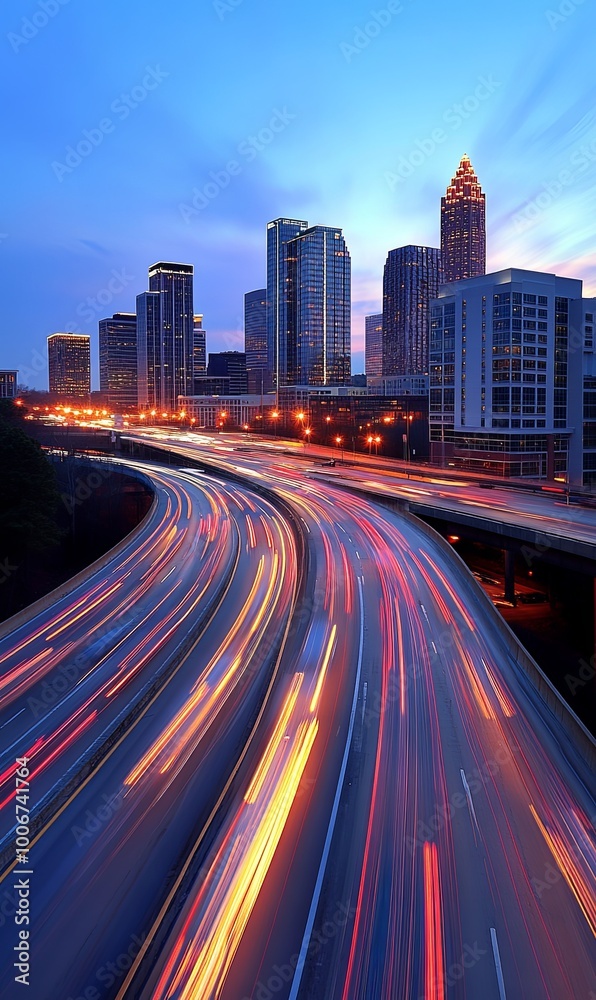 Fototapeta premium A panoramic view of a cityscape at dusk with a highway leading into the city. The city is illuminated by the setting sun, and the highway is filled with cars.