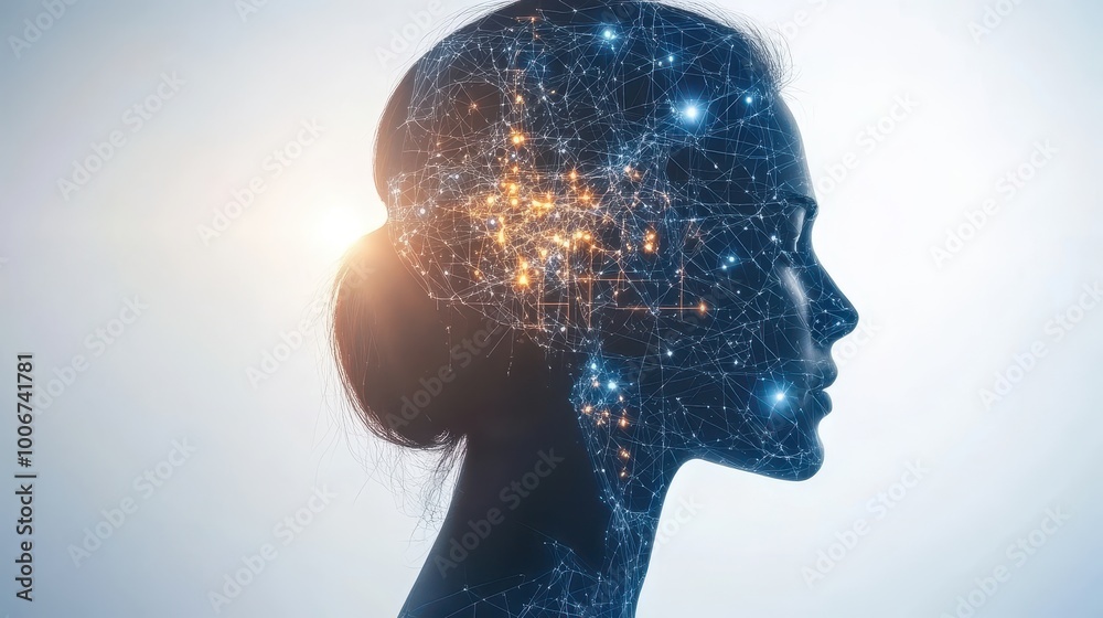 Abstract Glowing Brain Overlay in Profile Silhouette Abstract Glowing Brain Overlay in Profile Silhouette