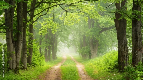 Misty Forest Path with Sunlight Filtering Through Trees photo