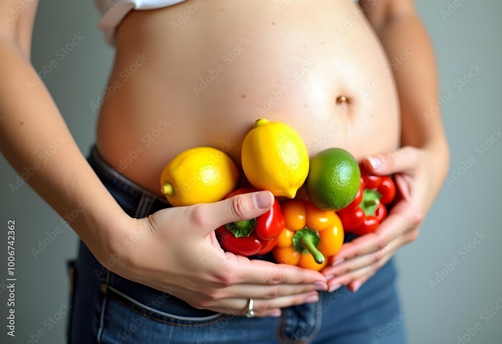 Maternity Health Pregnant Woman Focusing on Nutrition Fruits and Vegetables for a Healthy Belly Maternity Health Pregnant Woman Focusing on Nutrition Fruits and Vegetables for a Healthy Belly