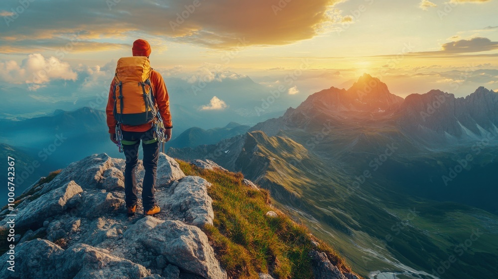 Man hiking on mountain peak at sunrise in vibrant landscape Man hiking on mountain peak at sunrise in vibrant landscape